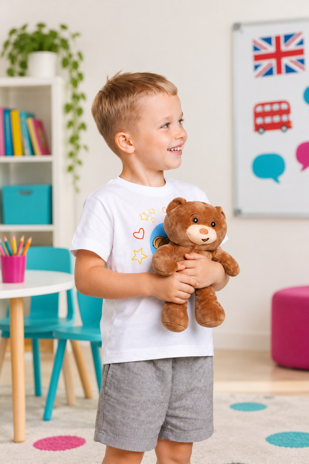 Chłopiec z pluszowym misiem Teddy Eddie