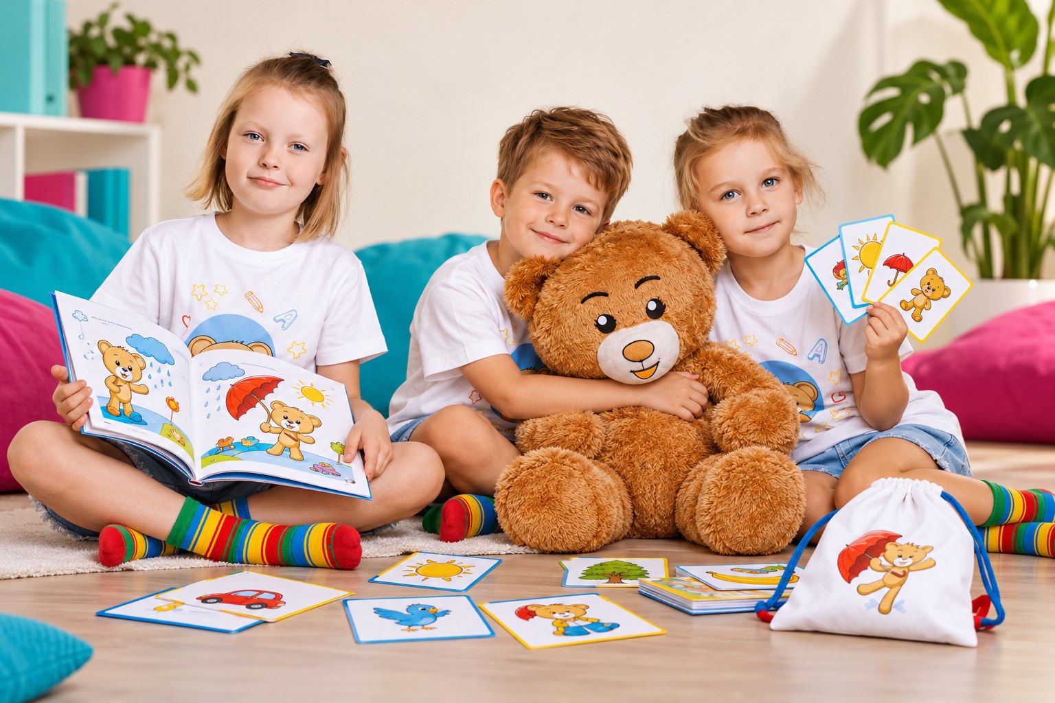 Dzieci z podręcznikiem i zestawem kursanta Teddy Eddie